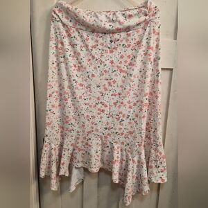 NWOT Floral Ruffle Hem Asymmetrical Midi Skirt – White with Pink Blossoms (XL)